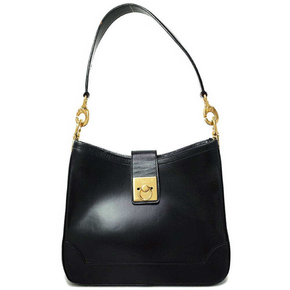Celine black leather shoulder bag strap logo buckle